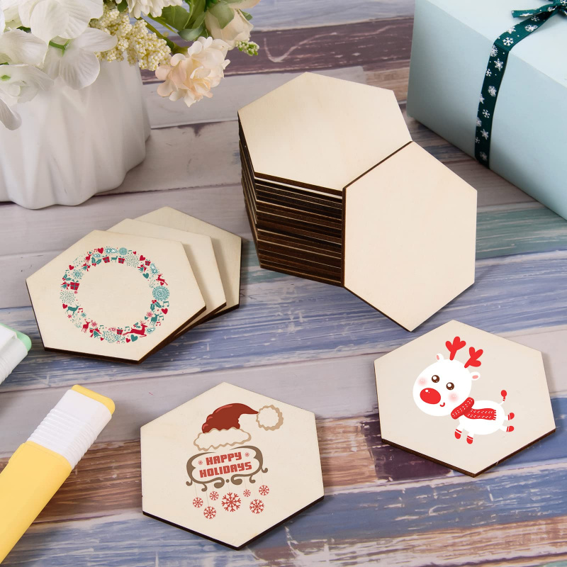 Craft Embellishment - 5cm 나무 육각형 블랭크 슬라이스, 마감되지