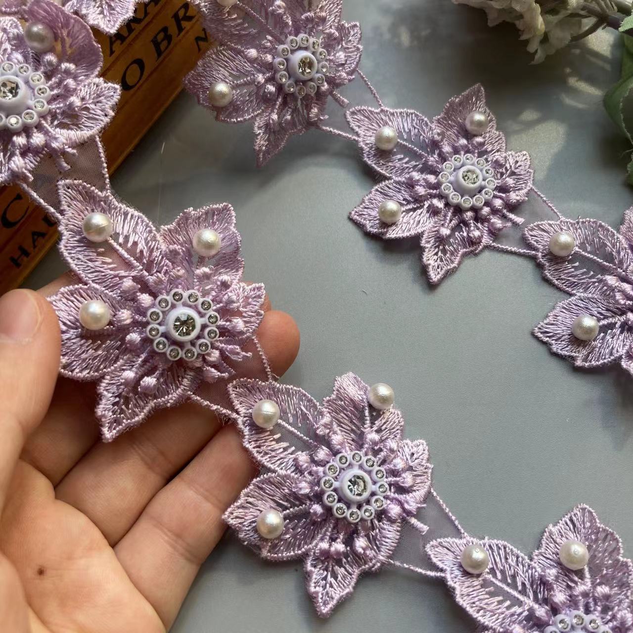 Beaded Trim Fringe - 새로운 10x 보라색 잎 진주 레이스