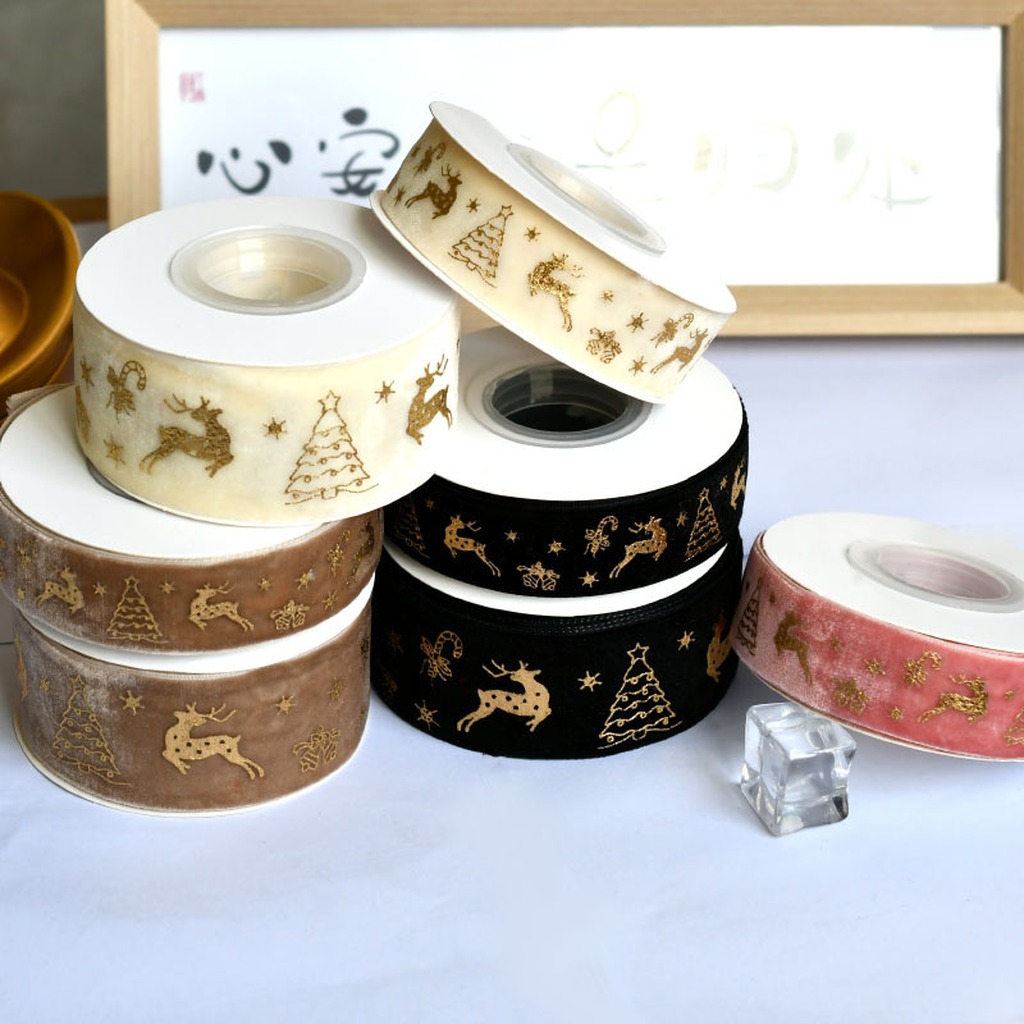 5 야드/롤 2.5cm 크리스마스 골드 호일 엘크 눈송 - Velvet Ribbon Roll 리뷰 및 가격