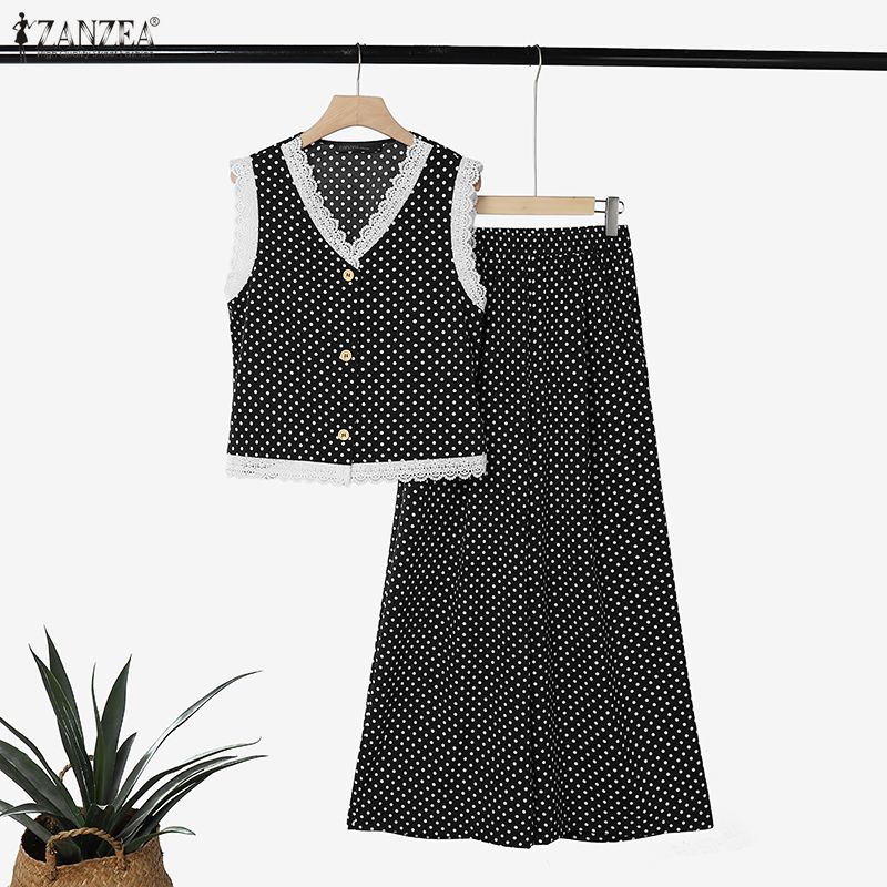 여성 여름 폴카 도트 팬츠 세트 레이스 트림 V 넥 민 - Elastic Lace Trim 리뷰 및 가격