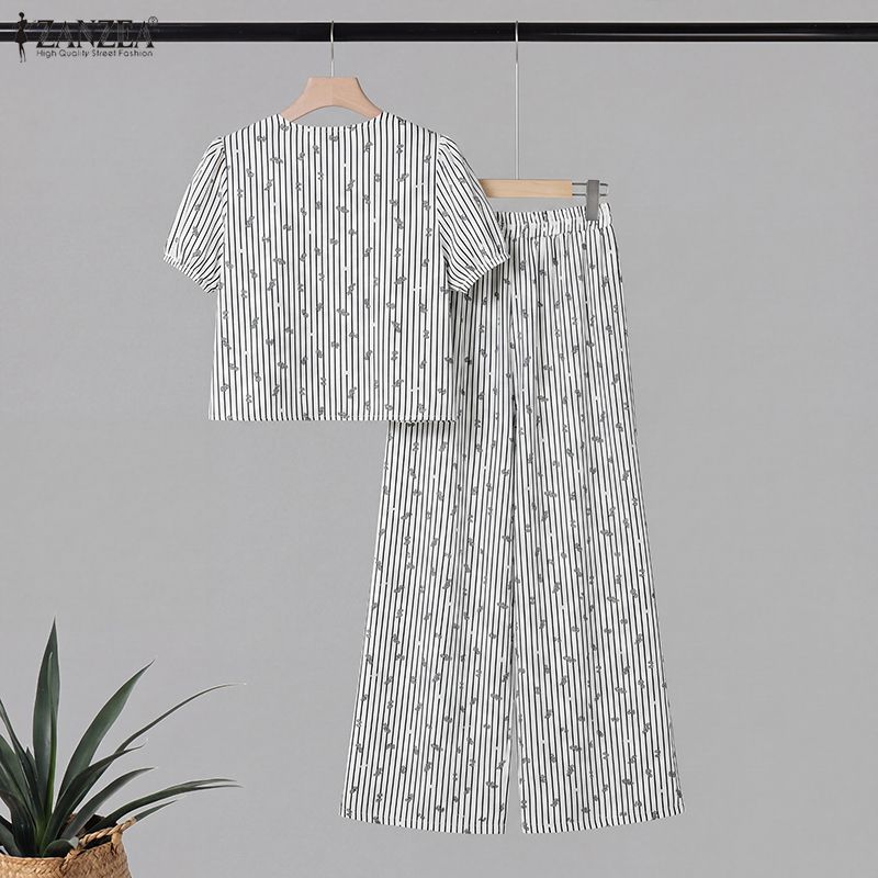 ZANZEA 여성용 스트라이프 2피스 매칭 팬츠 세트  - Elastic Lace Trim 리뷰 및 가격