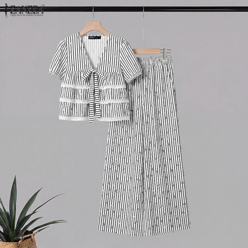 ZANZEA 여성용 스트라이프 2피스 매칭 팬츠 세트  - Elastic Lace Trim 리뷰 및 가격